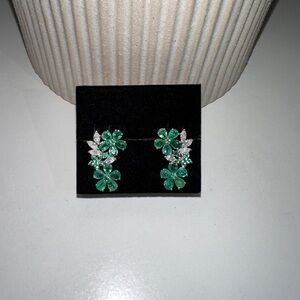 18k White Gold Natural Emerald and Diamond Cluster Earrings